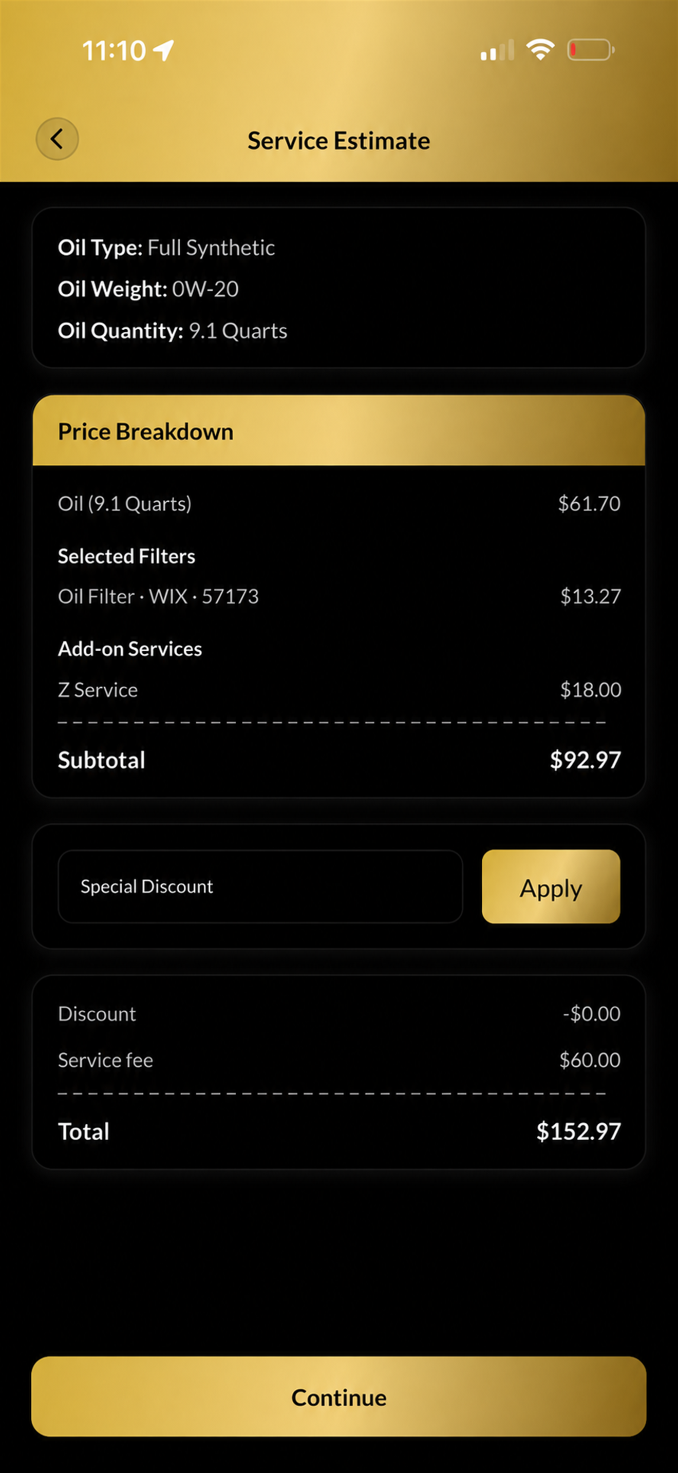 PrimeLube Mobile service price estimate screen