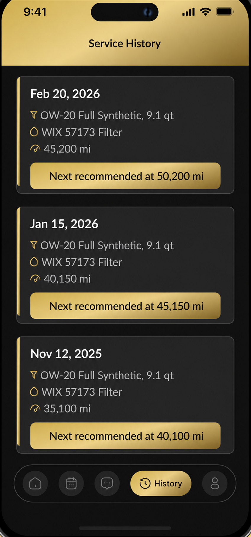 PrimeLube Mobile service history screen