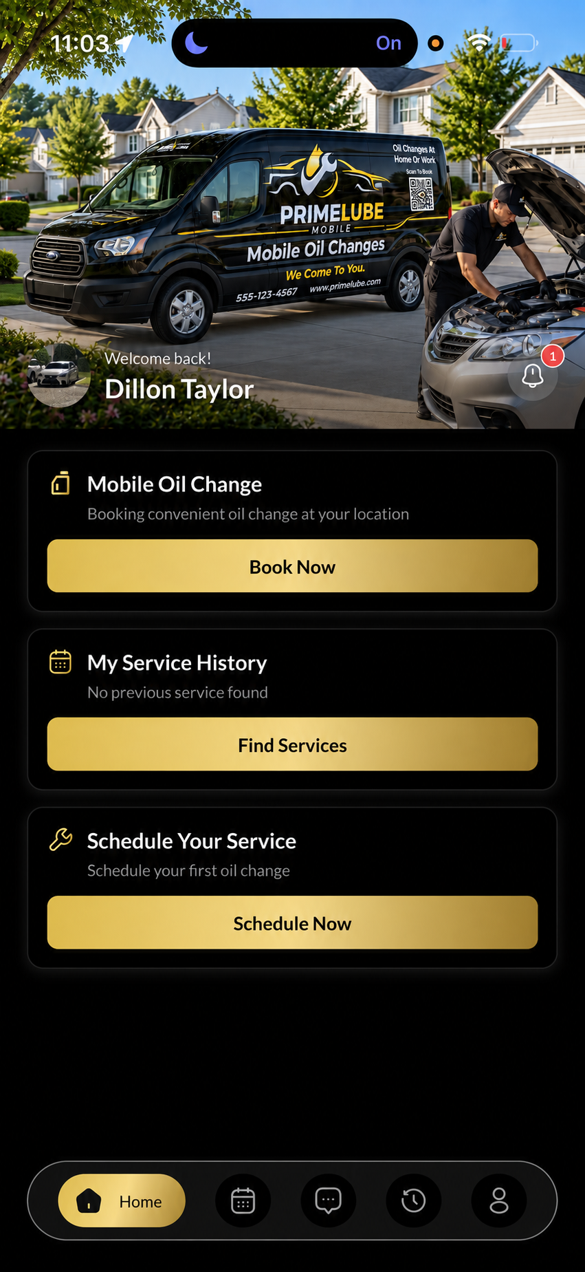 PrimeLube Mobile app home dashboard