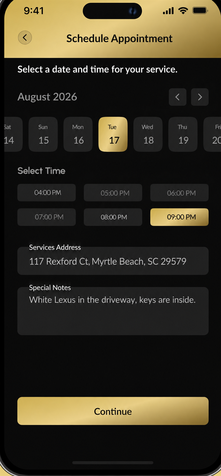 PrimeLube Mobile appointment scheduling screen