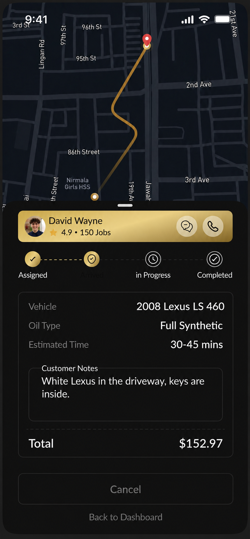 PrimeLube Mobile technician arrival tracking screen