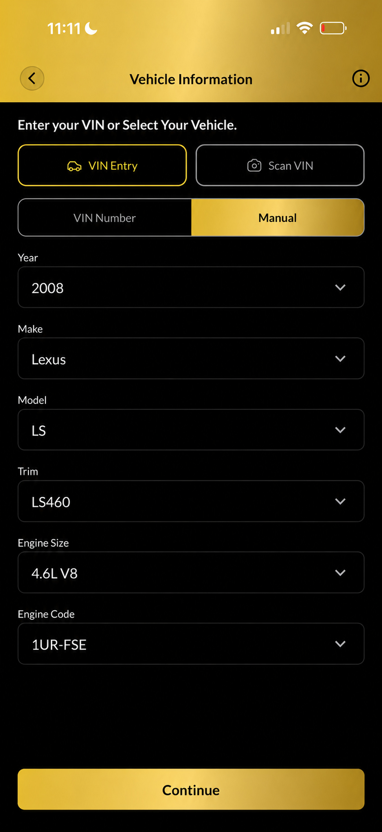 PrimeLube Mobile vehicle information screen