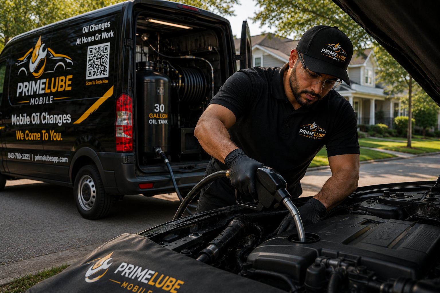PrimeLube Mobile technician performing an oil change